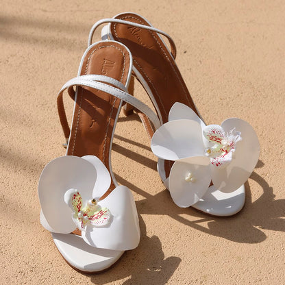 Handmade Fiona White Flower Heels with luxury white floral design, perfect for special occasions