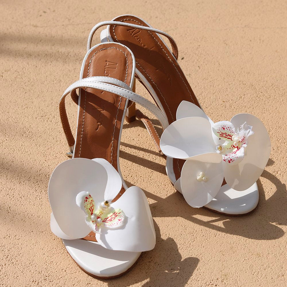 Handmade Fiona White Flower Heels with luxury white floral design, perfect for special occasions