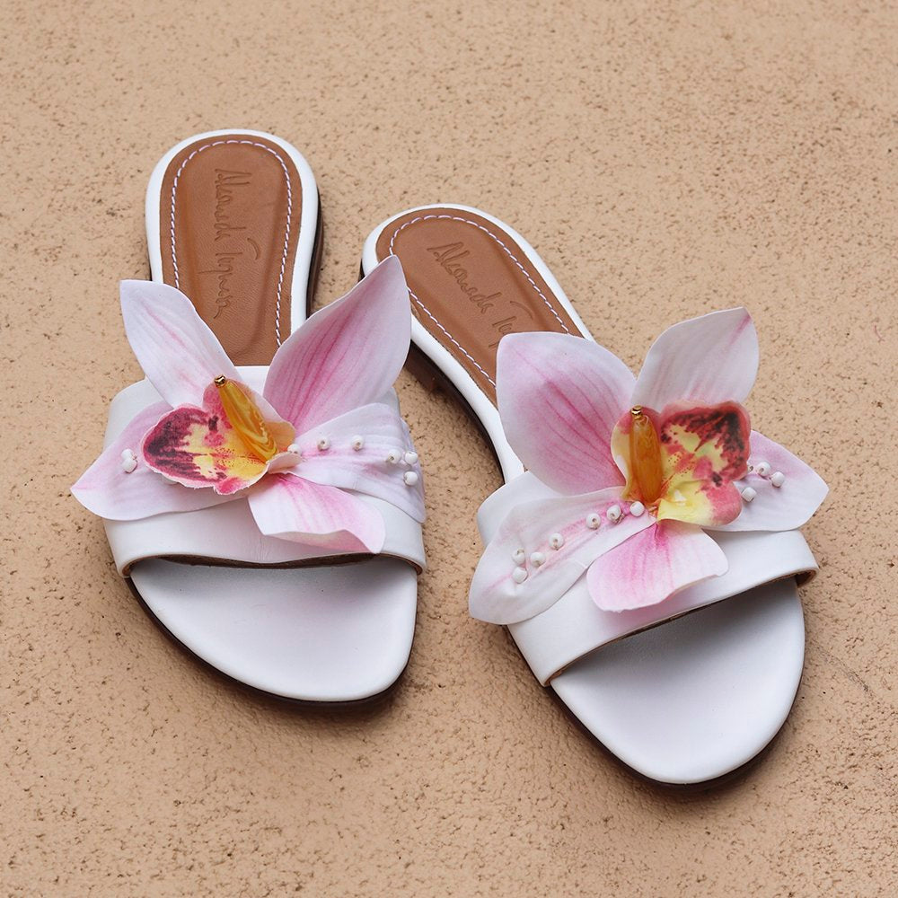 Ophelia White Flower Slides – Wedges featuring elegant flower embellishments, handcrafted for comfort and style